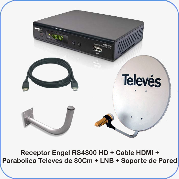 Receptor Satélite Engel RS-4800HD + cable HDMI + Parabólica de 80cm Televes + LNB Televes + soporte Receptor Satélite Engel RS-4800HD + cable HDMI + Parabólica de 80cm Televes + LNB Televes + soporte